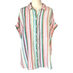 Striped Linen Lyocell Cuff Sleeve Button Down Collared Shirt NWT